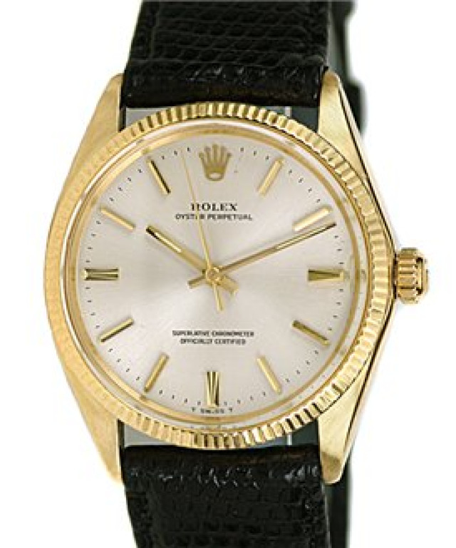 Rolex 1005 Yellow Gold on Strap, Fluted Bezel White Oyster with Gold Index
